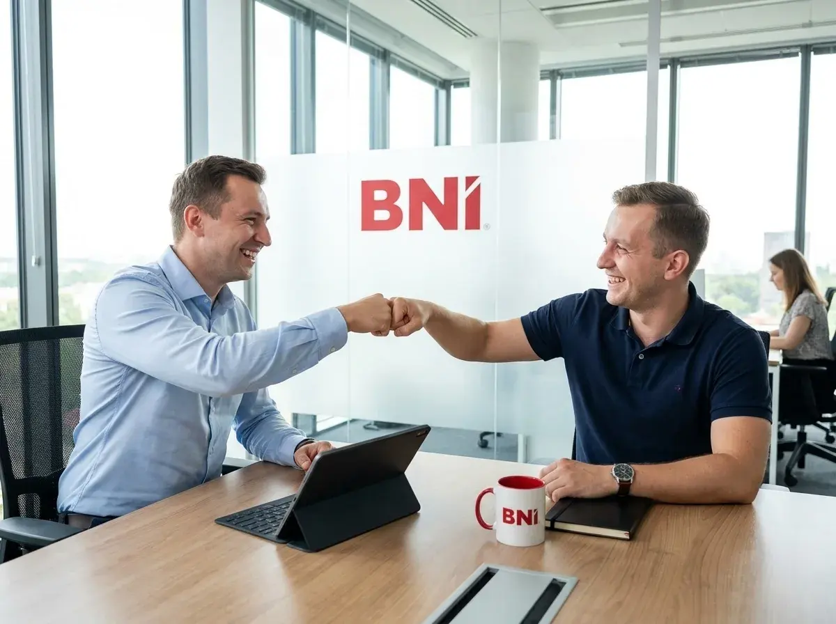 Two entrepreneurs bump fists over a table, a BNI backdrop behind them