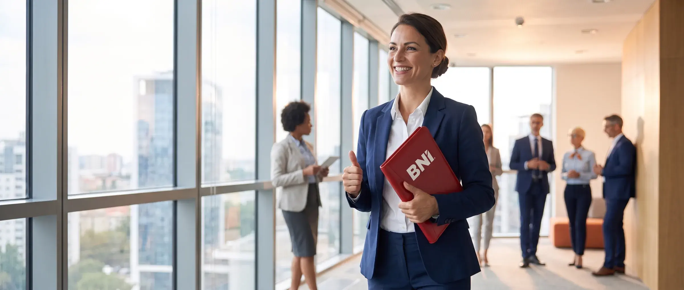 A smiling woman in a navy suit holding a red BNI folder in an office