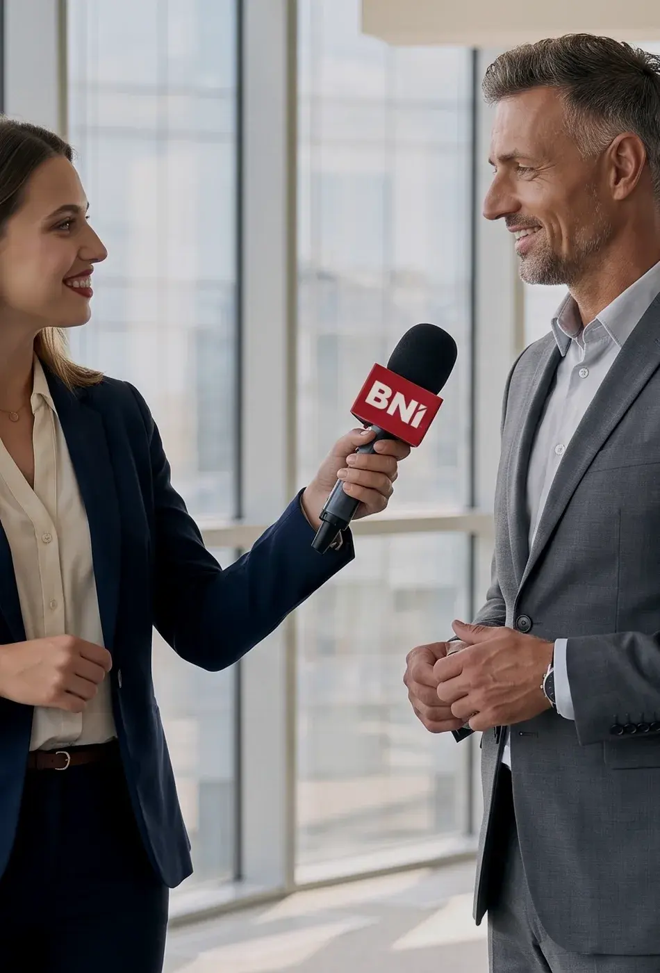 An on-camera conversation: a journalist with a BNI microphone and an entrepreneur in a glass-walled office.