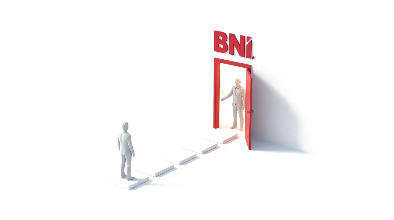 Grafika 3D: Gość stoi na pierwszym z pięciu białych kamieni, które prowadzą do otwartych czerwonych drzwi z logo BNI; w drzwiach Członek wyciąga rękę na powitanie.