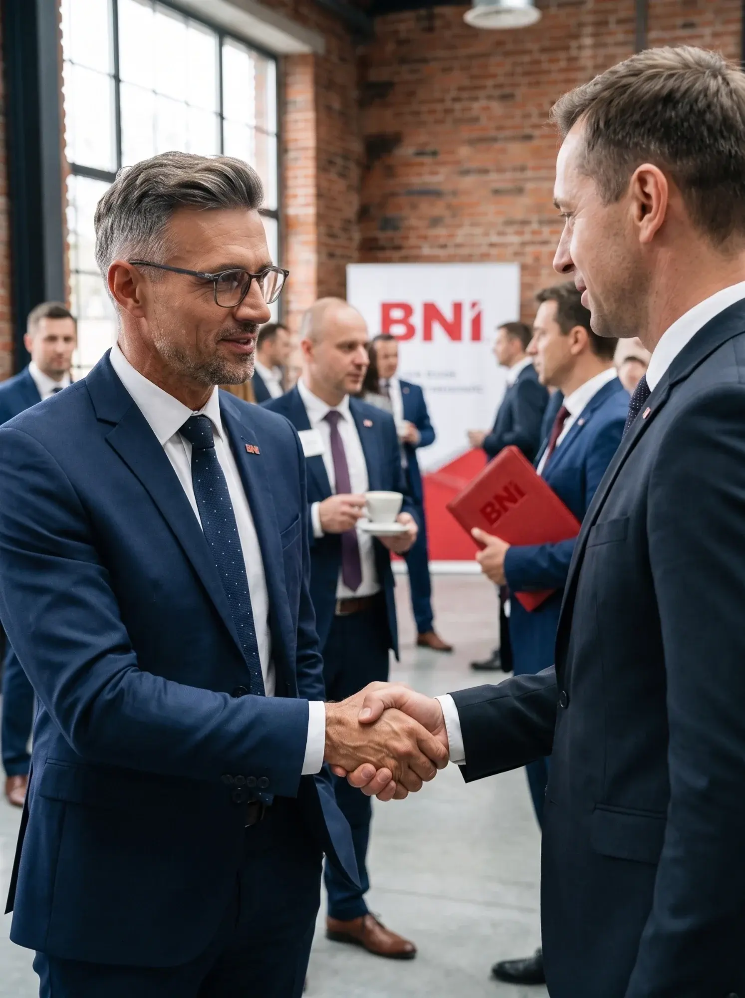 Two business owners shake hands during BNI networking, a BNI banner and conversations over coffee behind them