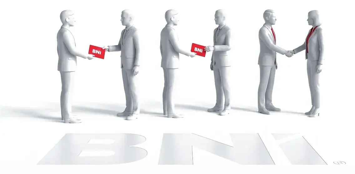 3D graphic: a red BNI card passes from hand to hand between three pairs of business owners