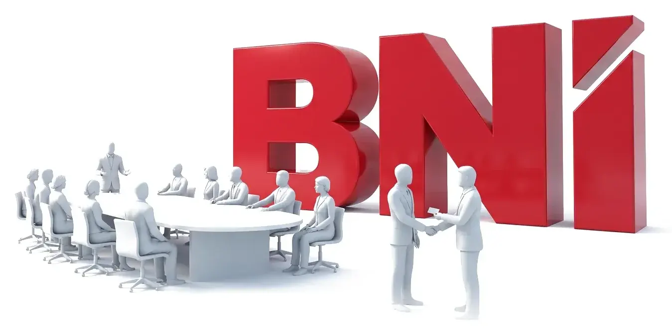 3D graphic: Members at a long table, one person speaking; in the foreground a handshake and a business card, large red BNI letters behind