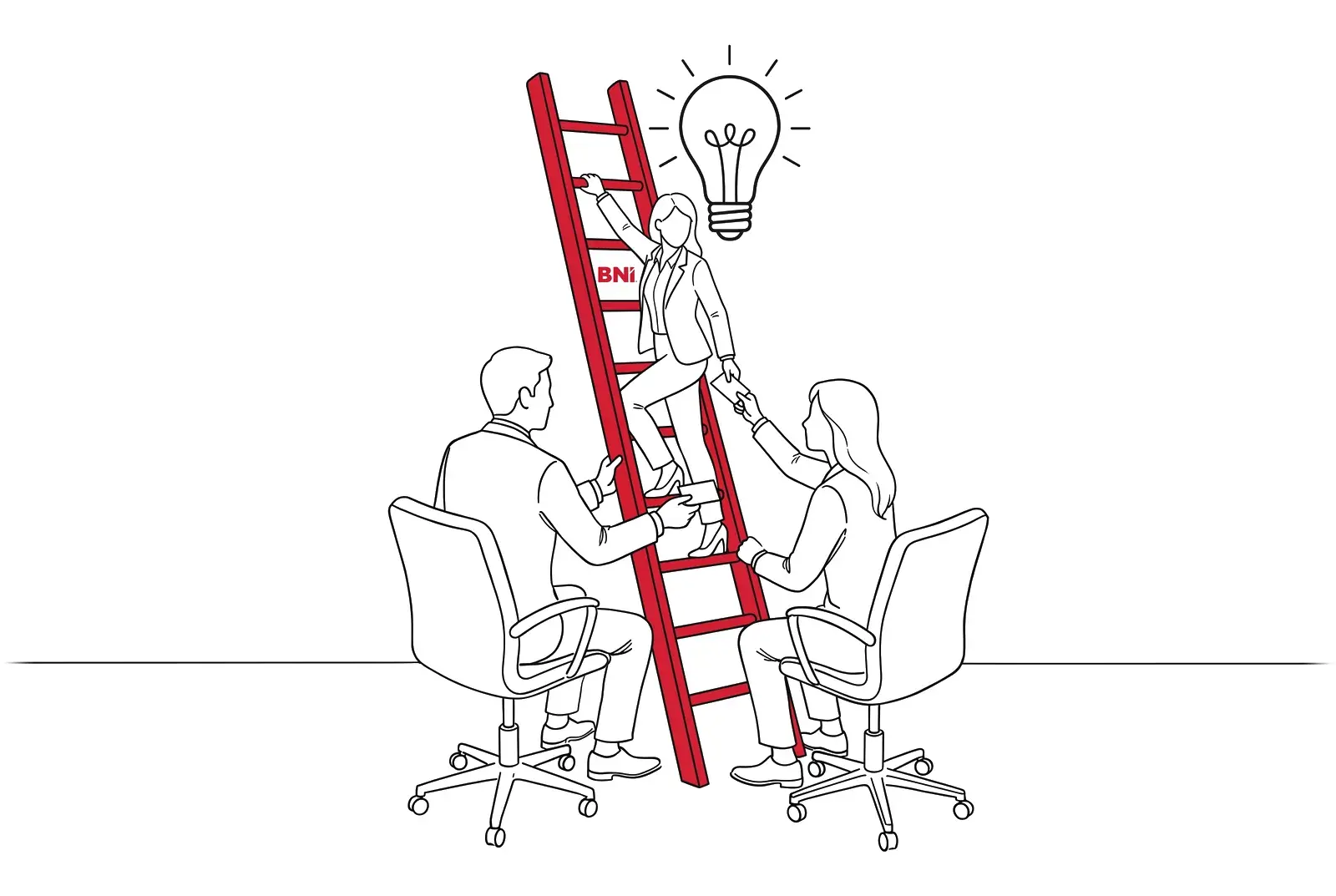 Line drawing: a person in a suit climbs a red ladder with the BNI logo; two seated people steady the ladder and hand up materials, a light bulb shines above it.