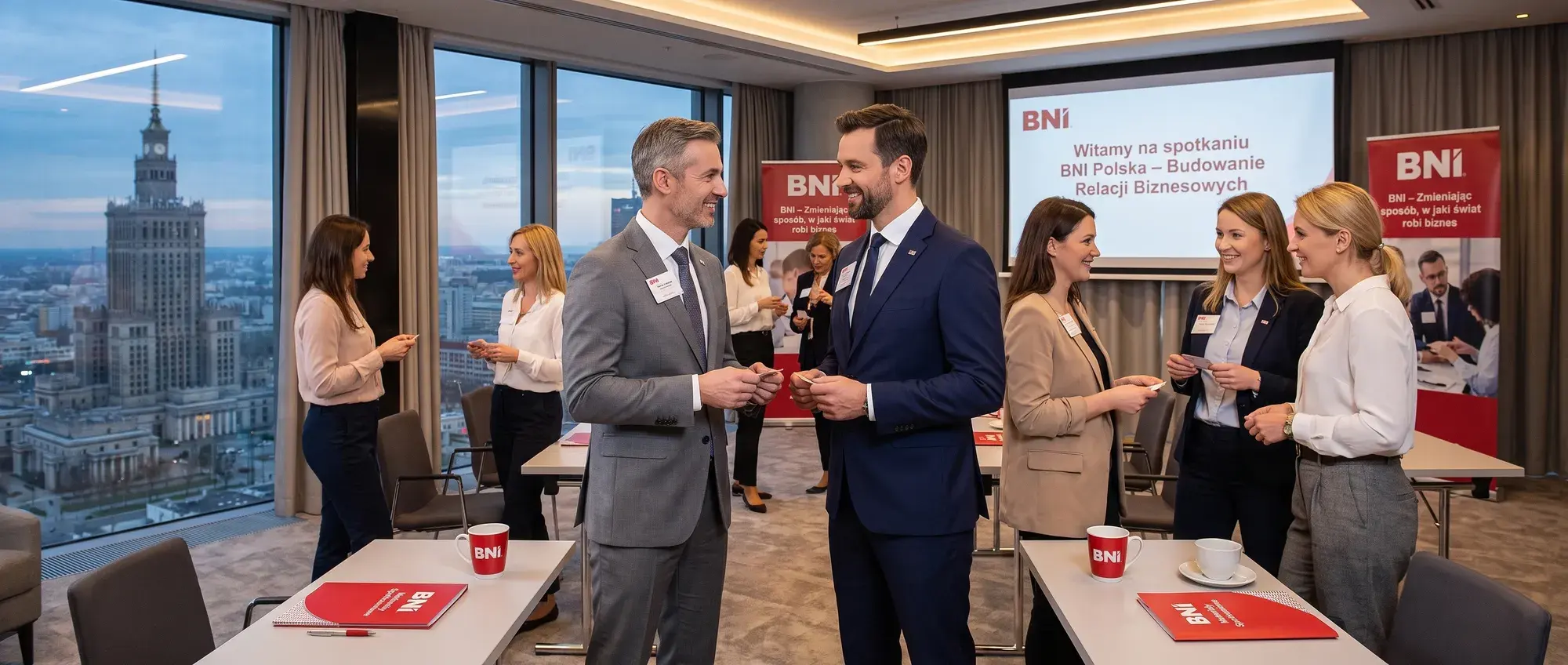 Członkowie Grupy rozmawiają w sali z ekranem „Witamy na spotkaniu BNI Polska”