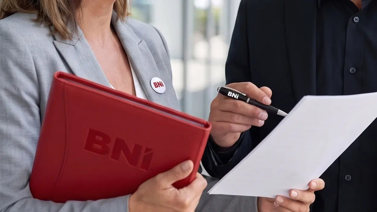 Czerwona teczka BNI i kartka w dłoniach, obok dłoń z długopisem