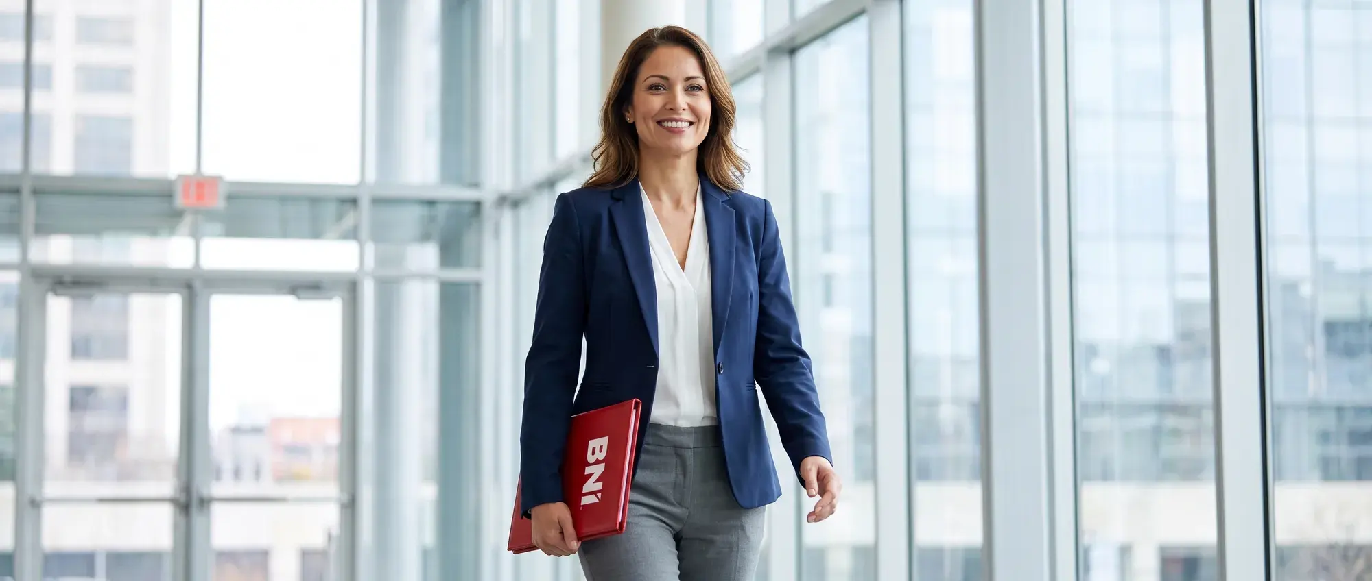 Uśmiechnięta przedsiębiorczyni z czerwoną teczką BNI idzie przez biuro