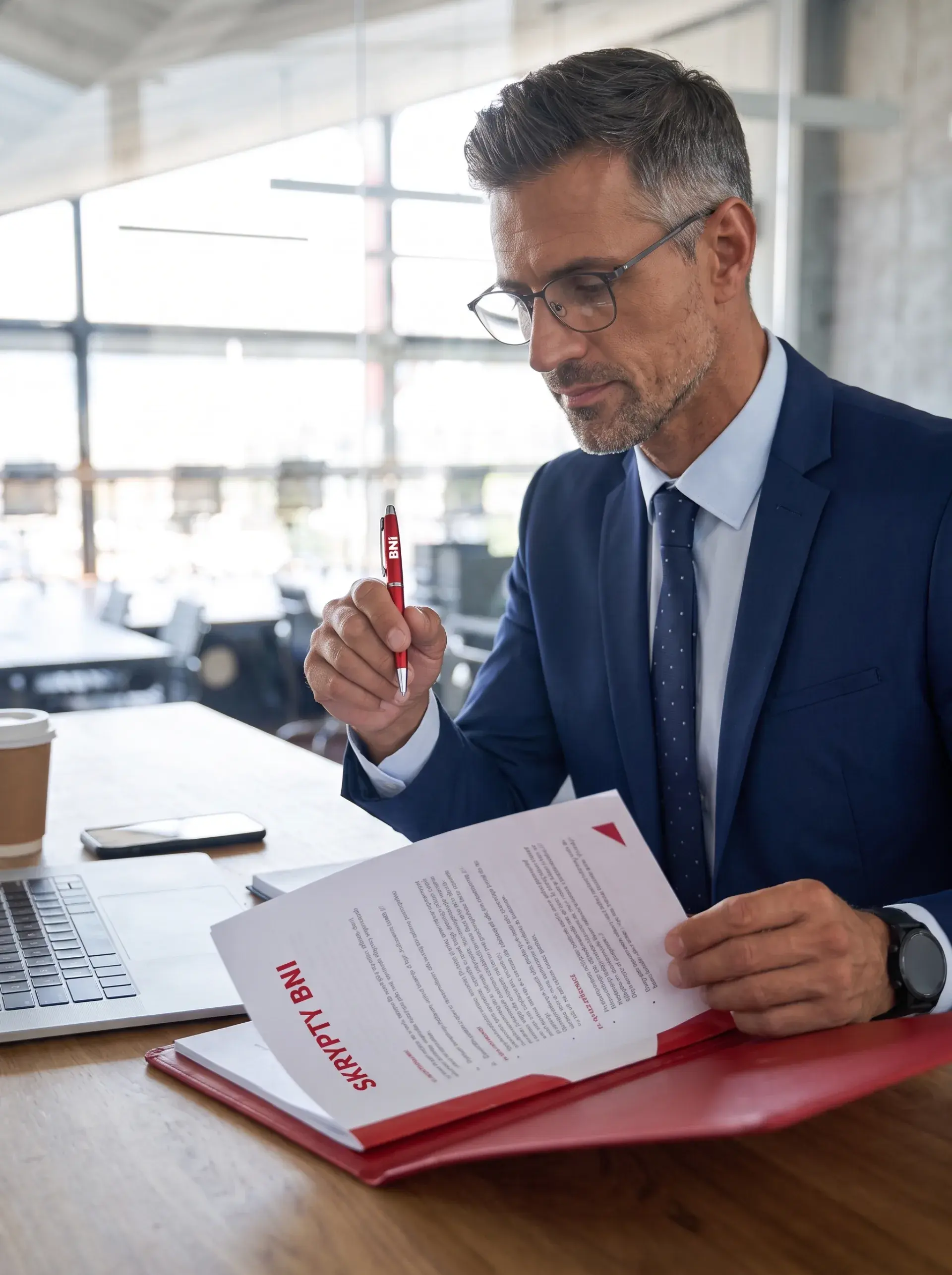 A BNI Member reads materials from a red folder at a conference table.