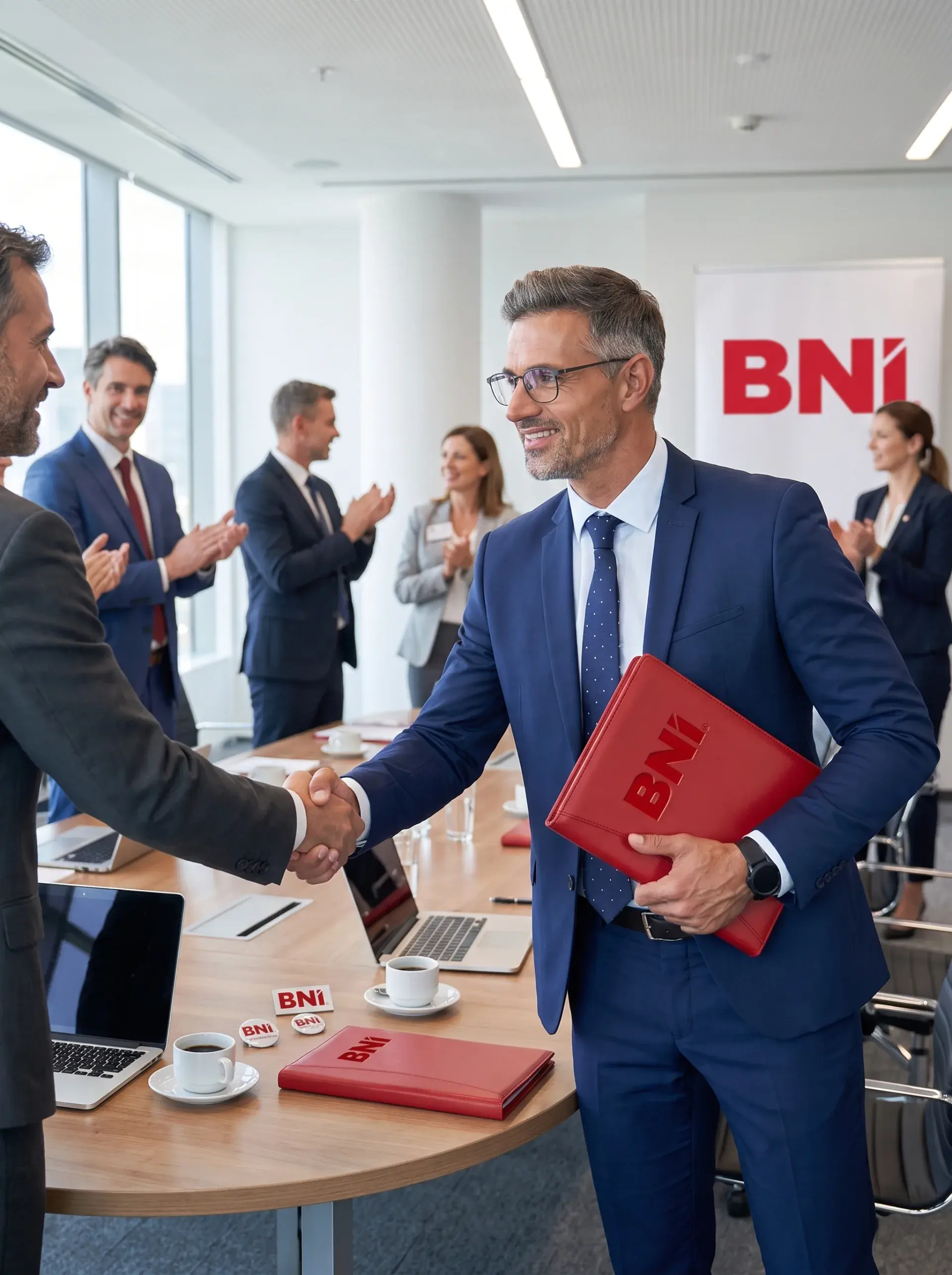 A handshake over a red folder; the Chapter applauds at the table.