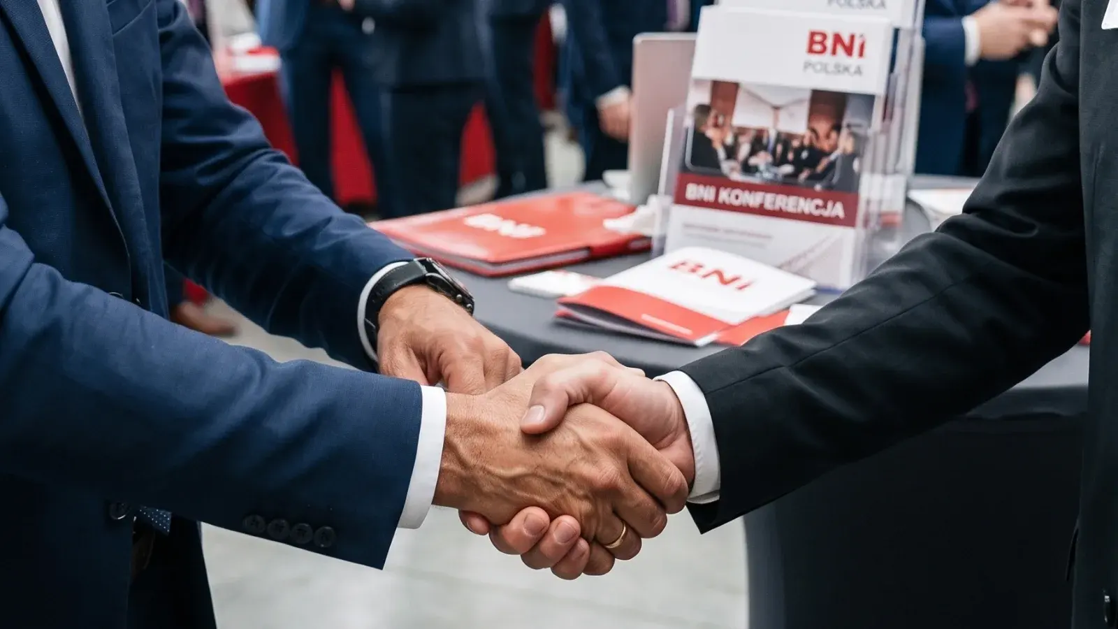 Two business owners shaking hands at the BNI Polska stand during a conference