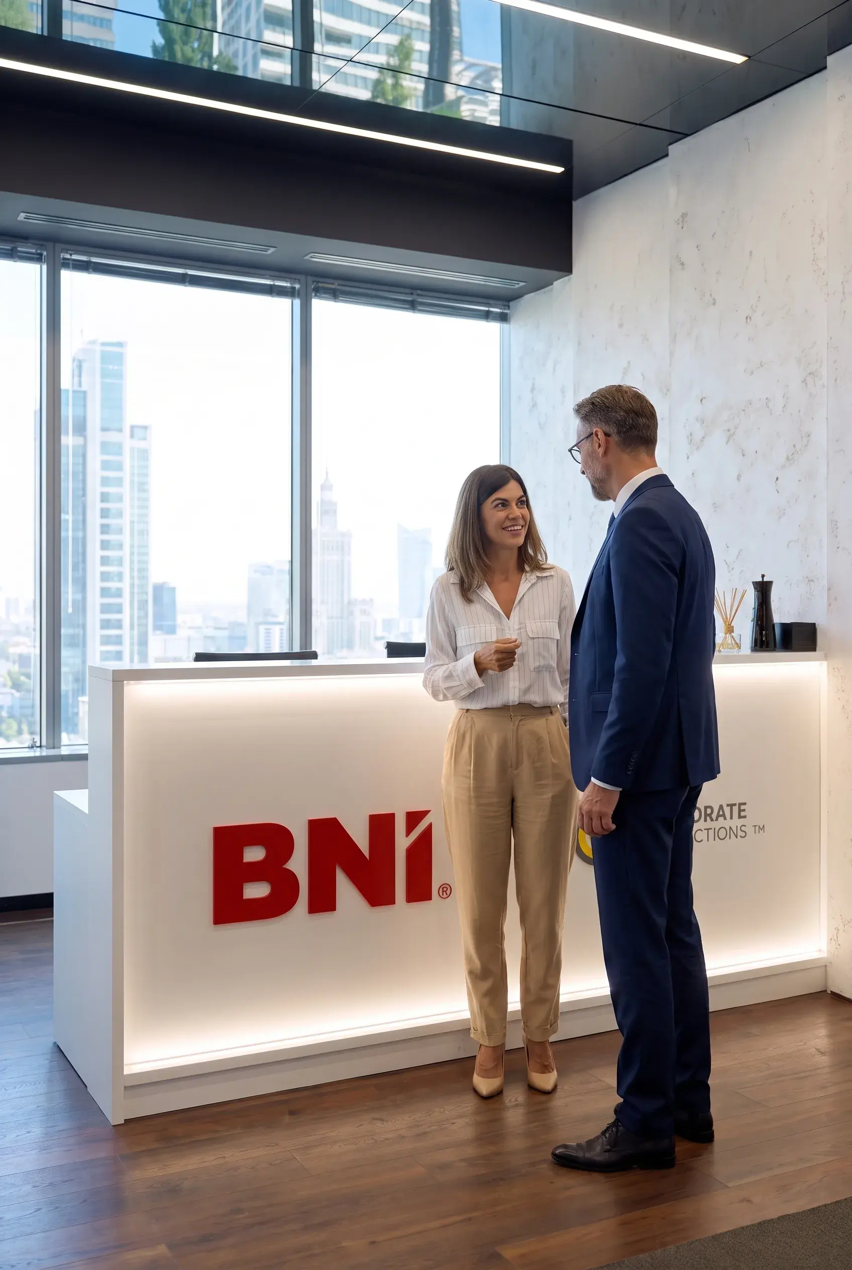 Przedsiębiorczyni i przedsiębiorca rozmawiają przy recepcji biura BNI