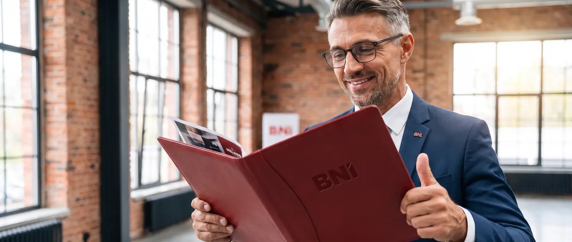 Przedsiębiorca czyta czerwoną teczkę BNI i pokazuje kciuk w górę