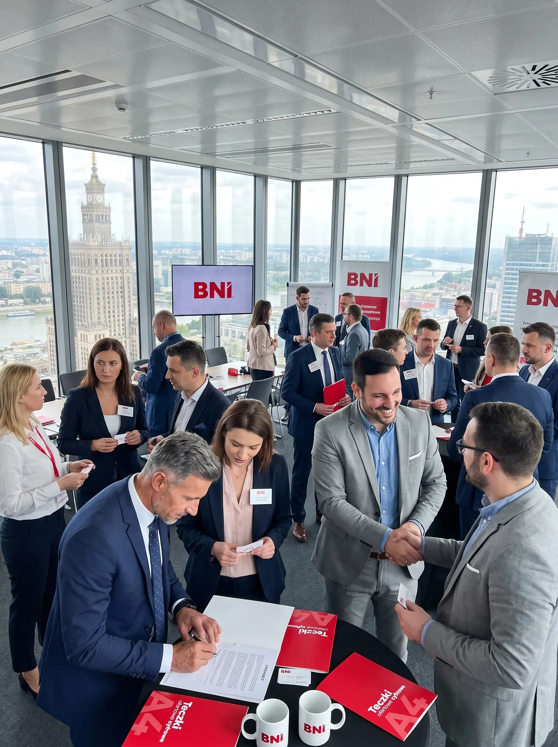 BNI conference lobby: participants talk in a glass-walled hall overlooking the city