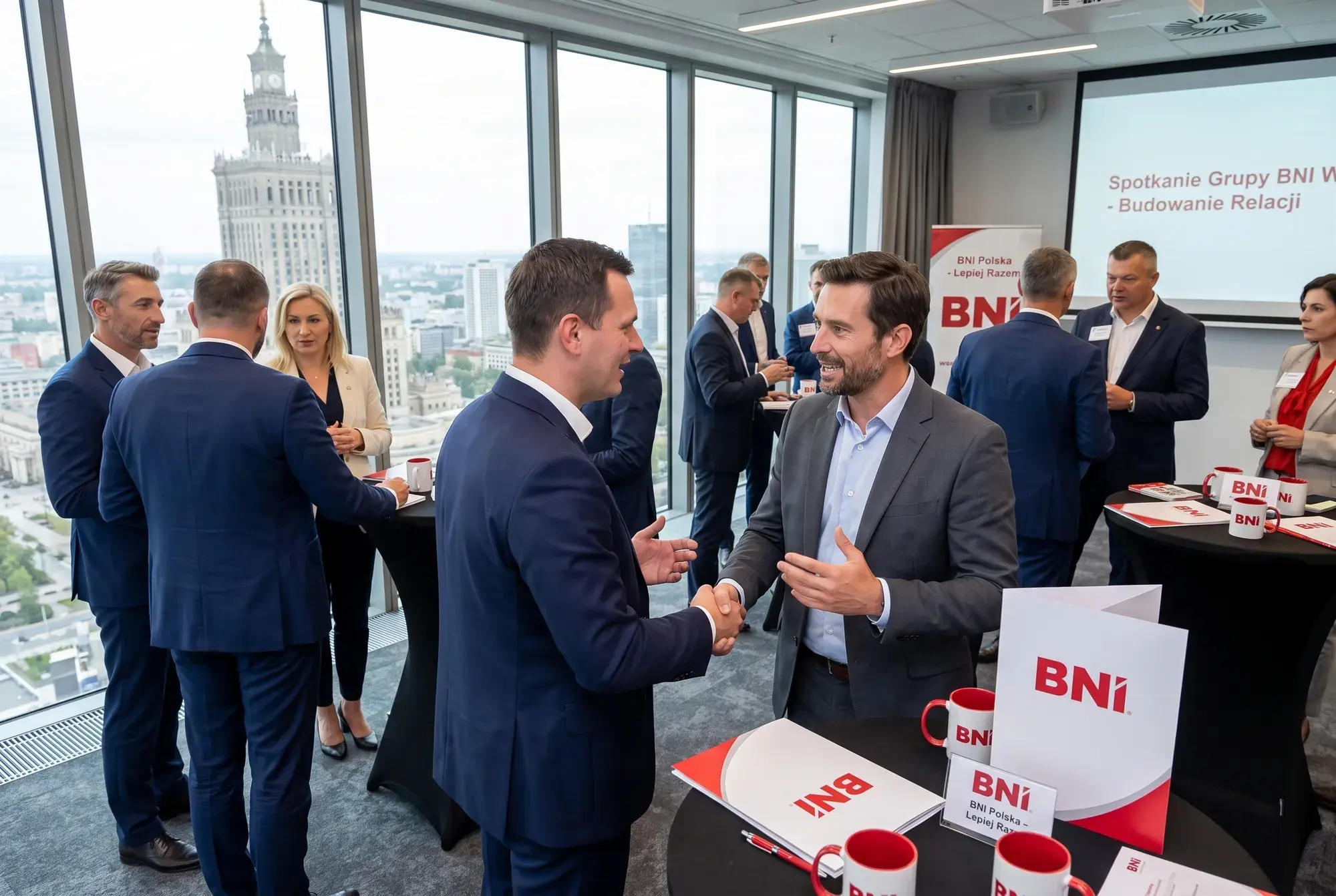 Business owners talk in pairs at tables with BNI materials