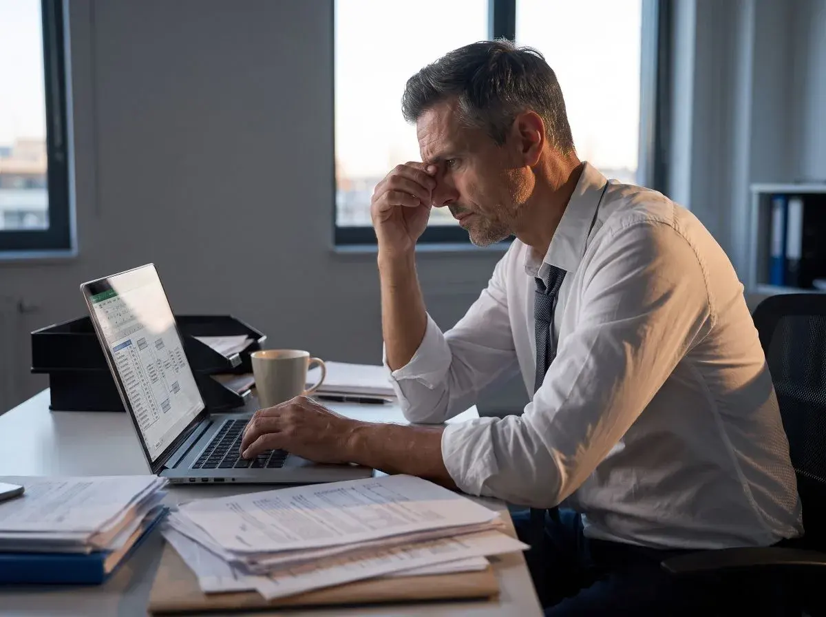 A business owner alone at a desk in the evening, over a laptop and a pile of documents, hand to forehead — a BNI Polska film about what running a company without support looks like