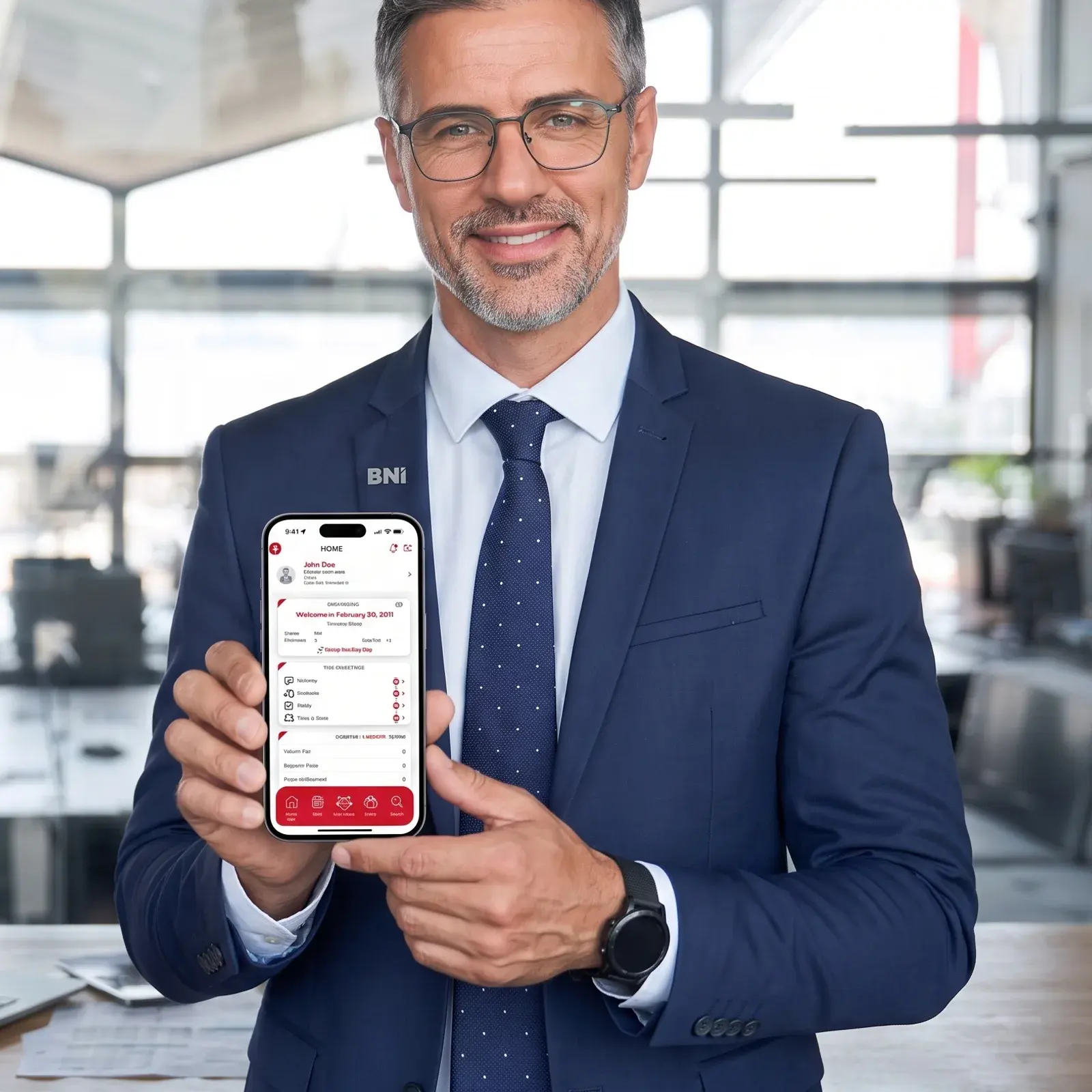 A BNI Member holding a phone with the BNI Connect app open