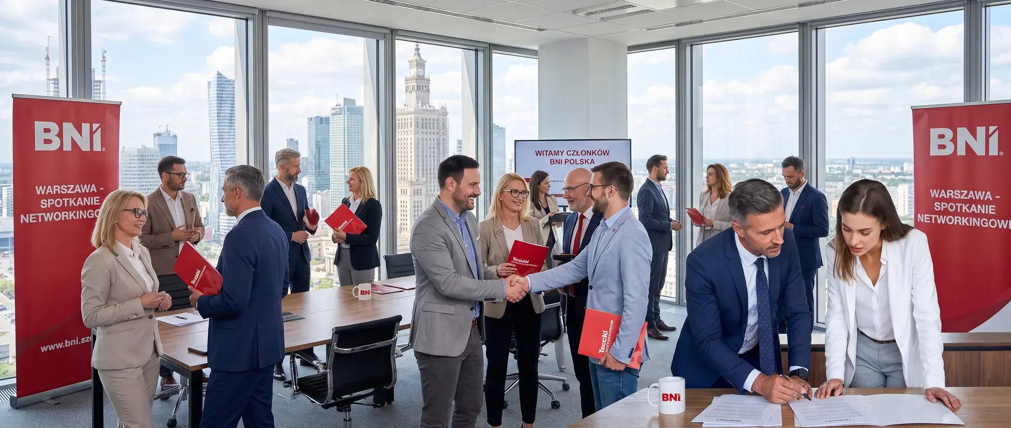 BNI Members greet each other in a room with a BNI Polska welcome sign