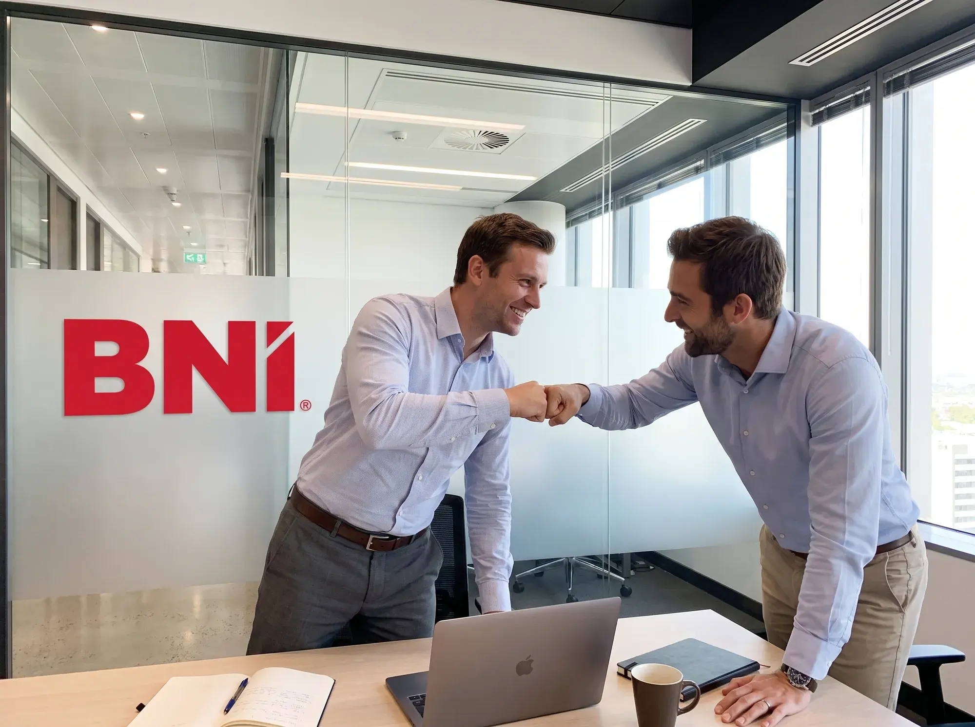 Two BNI Members bump fists by a wall with the BNI logo