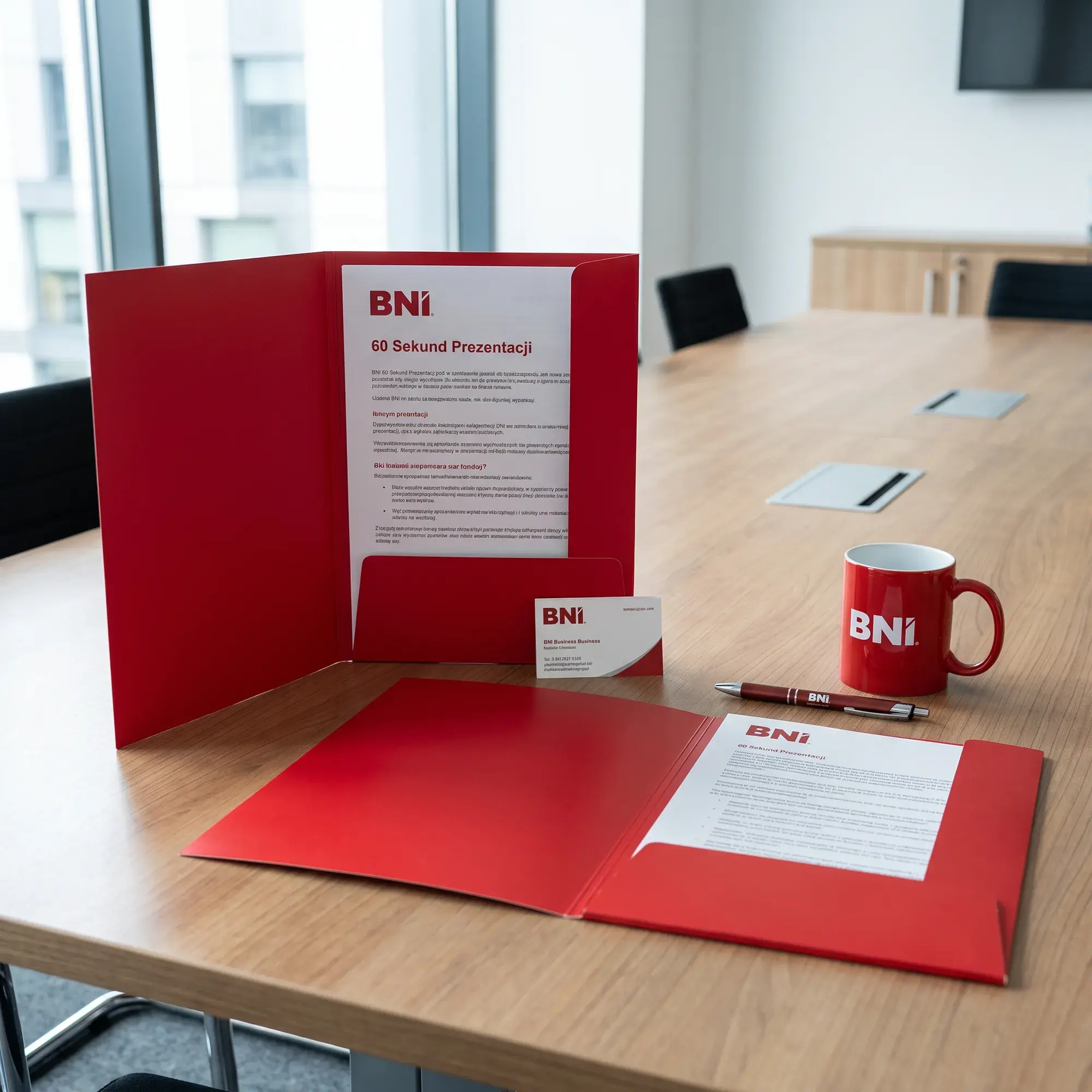 A red BNI folder with materials and a BNI mug on a table