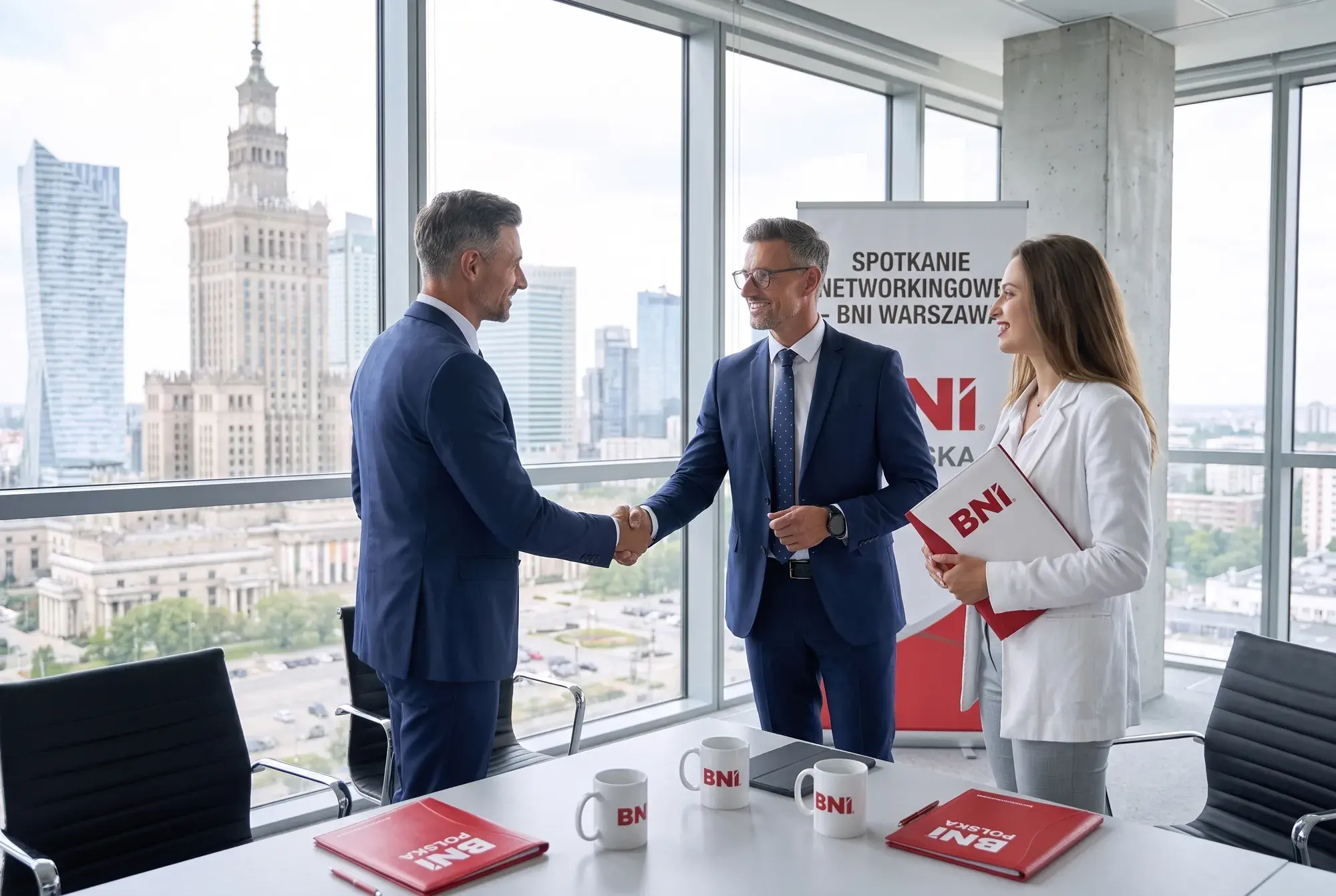 A handshake greeting at a BNI Warszawa networking meeting
