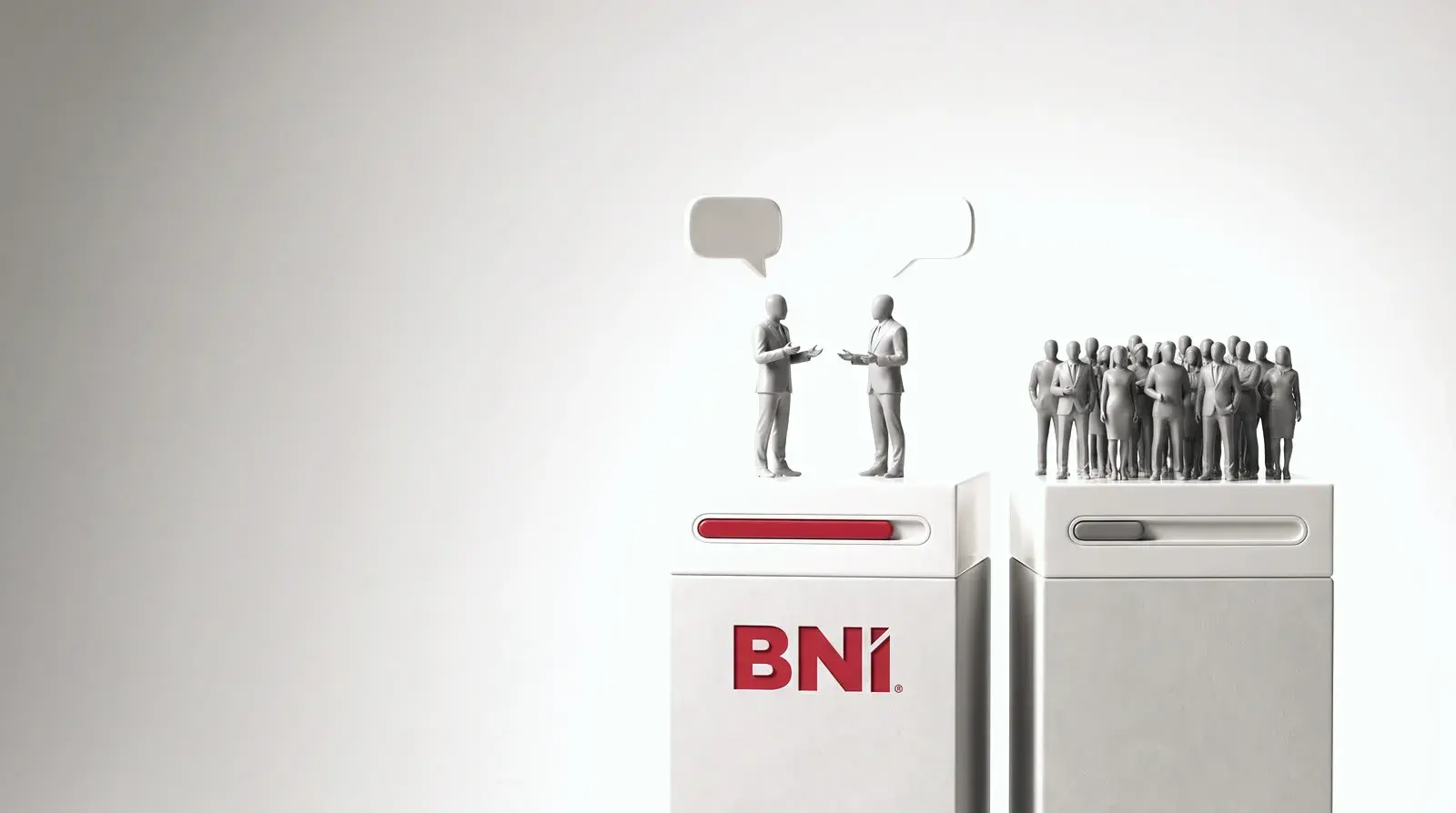 Dwie białe kolumny: na pierwszej, z logo BNI, dwie figurki rozmawiają, a czerwony pasek jest pełny; na drugiej stoi tłum figurek, a pasek jest prawie pusty.